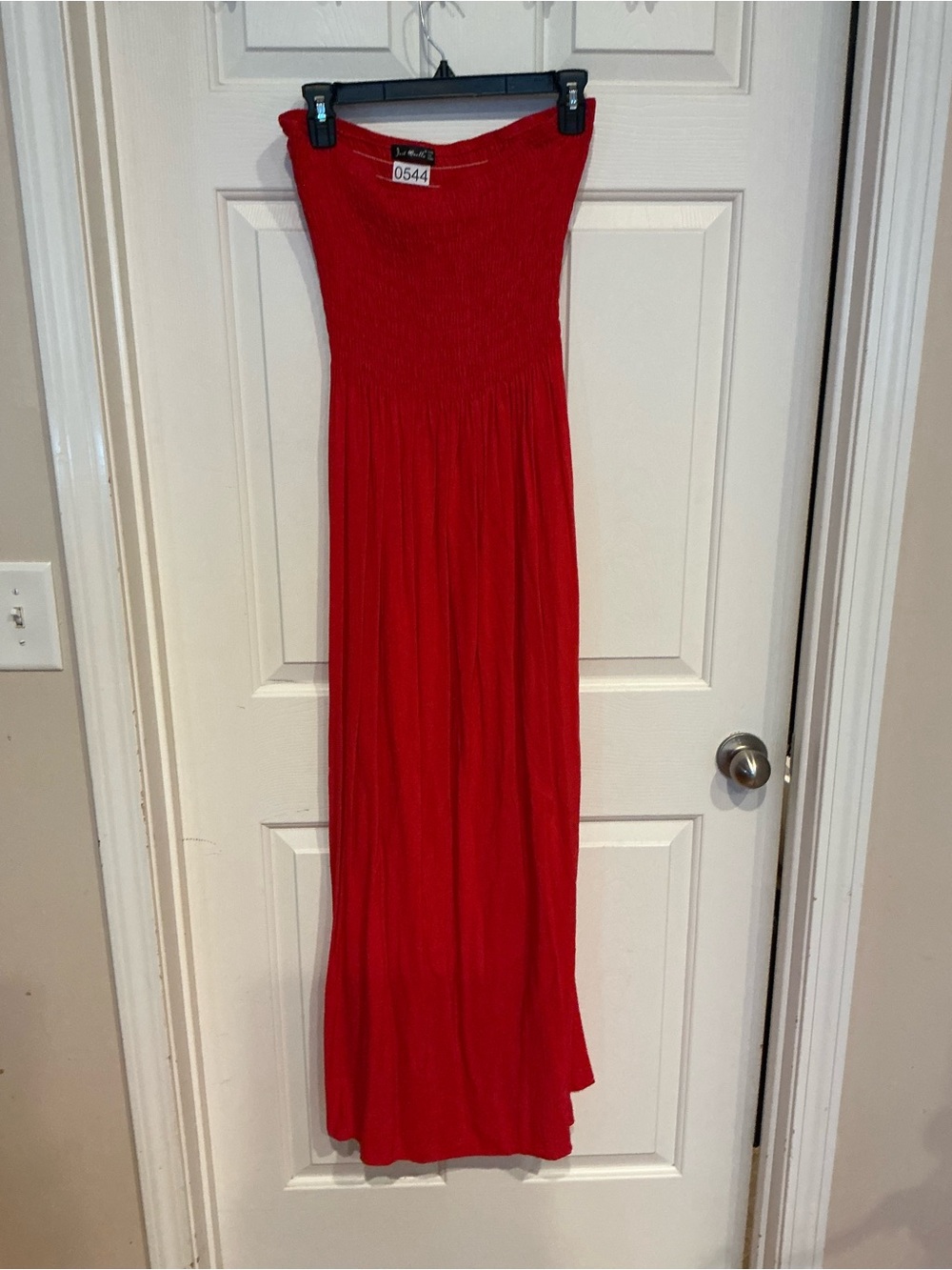 Bold Red Strapless Maxi Dress with Smocked Bodice
